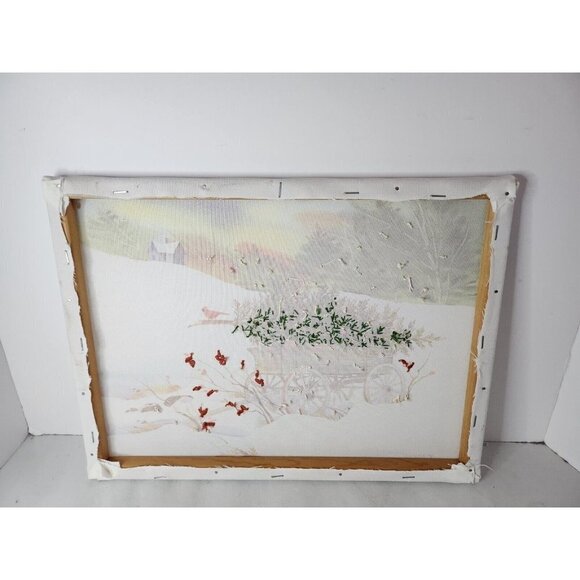 Vtg Country Snow Fall Cardinal Canvas Embroidery Work Signed Framed Wall Art - Picture 4 of 7